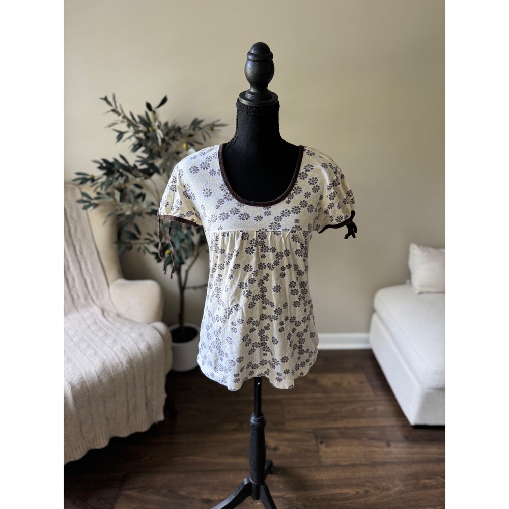Y2K Bugle Boy Juniors Floral Babydoll Top Brown Cream Puff Sleeve Tie Accent